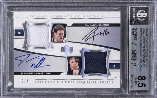 2004-05 UD "Exquisite Collection" Dual Jerseys Autographs #GW Pau Gasol/Jason Williams Signed Game Used Patch Card (#2/2) – BGS NM-MT+ 8.5/BGS 10